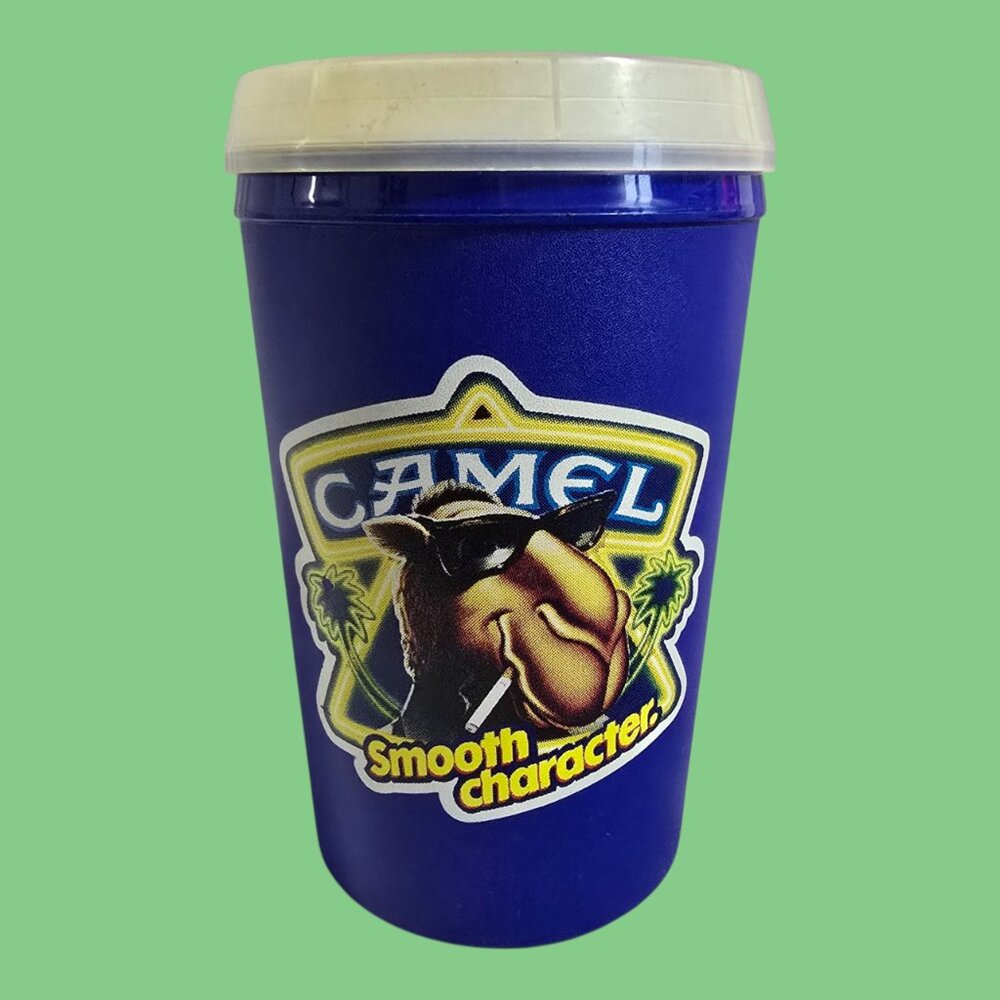 Vtg Joe Camel Aladdin Travel Mug Cup "Smooth Character" 20 oz Blue Made In USA